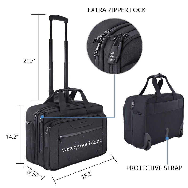 KROSER Rolling Laptop Bag Premium Wheeled Briefcase Fits Up to 17.3 Inch Laptop Water-Proof Overnight Roller Case Computer Bag with RFID Pockets for Travel/Business/School/Men/Women-Black - Image 2