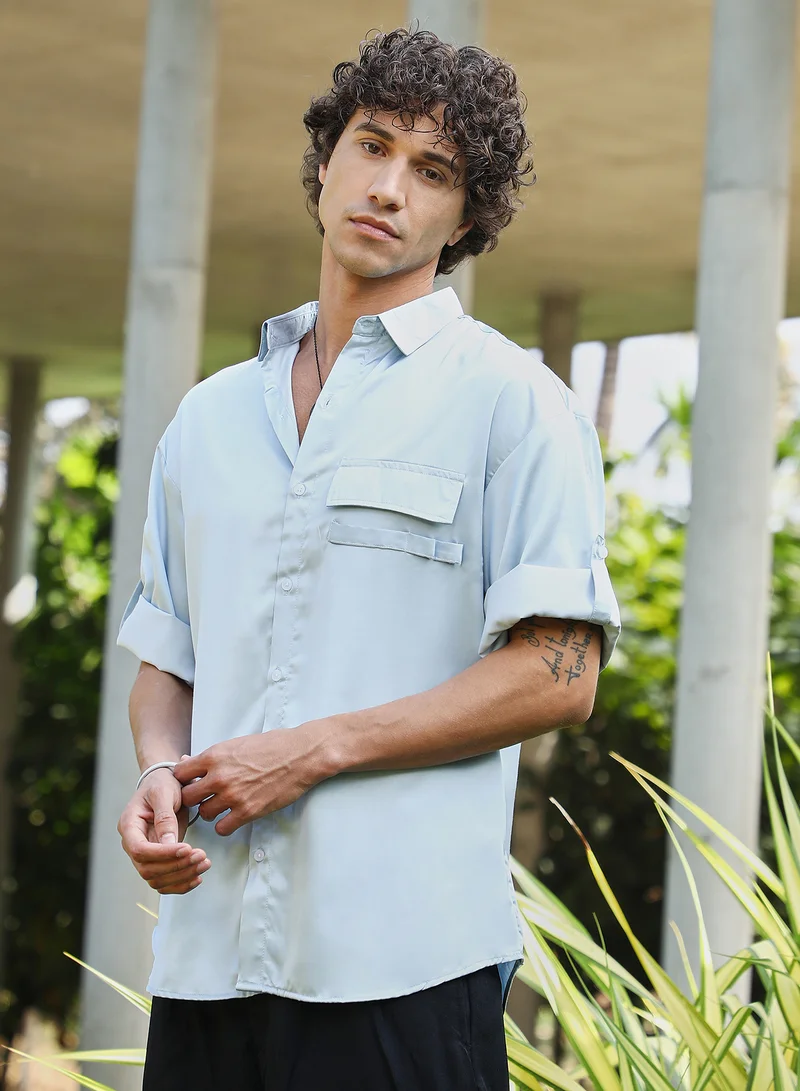 CAHOOT Powder Blue Men's Powder Blue Satin-Utility Oversized Shirt for Men | Best Price UAE