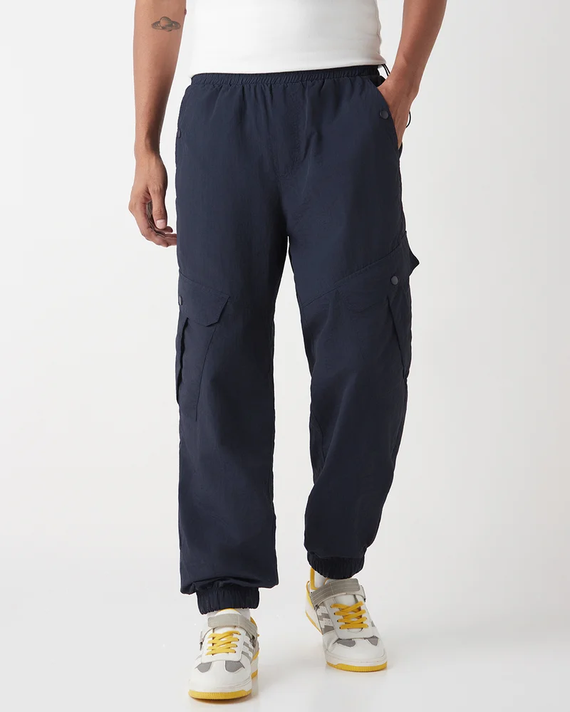 bewakoof Men's Navy Blue Super Loose Fit Nylon Cargo Jogger Pants