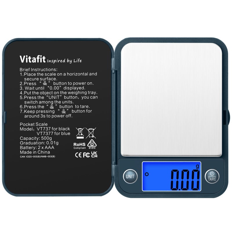 Vitafit 500g Digital Pocket ScaleHigh Accuracy Assured by Scale Professional Factory Since 2001 Gram Scale 001g for Multifunction LabFood KitchenCoffeeJewelry Blue