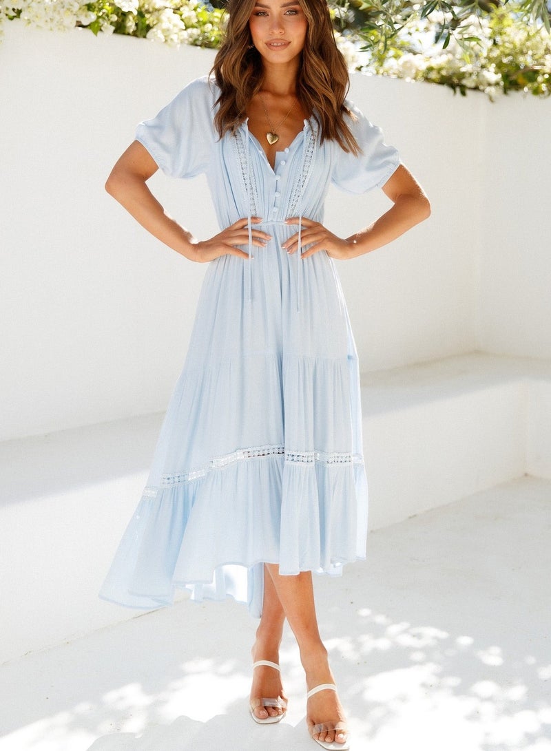 GEXUAN Short Sleeve Lace Trim Dress - Image 1