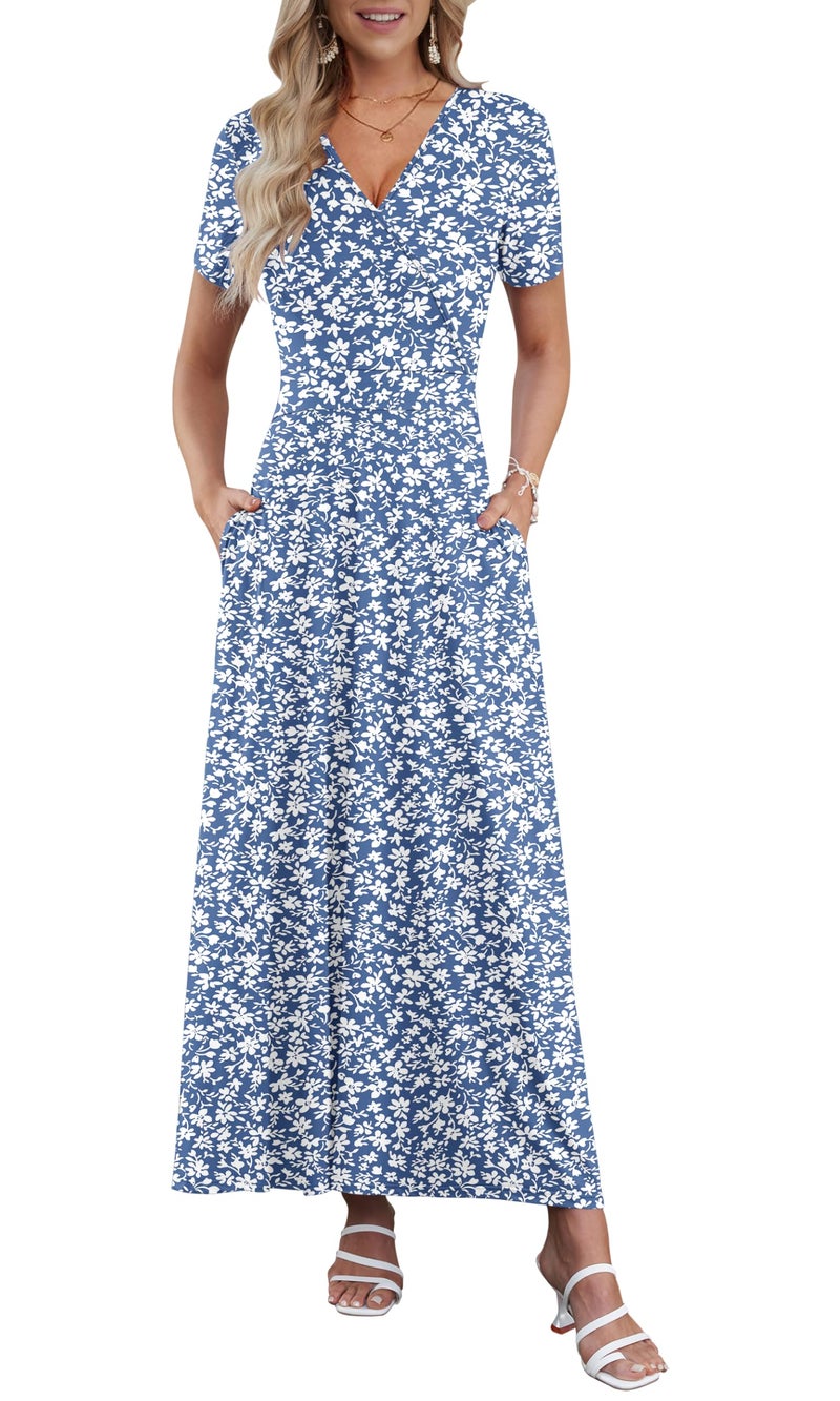 AUSELILY Maxi Dresses for Women Ankle Length Floral Print Beach Long Flowy Dress with Pockets Gray Blue Flower XL - Image 1