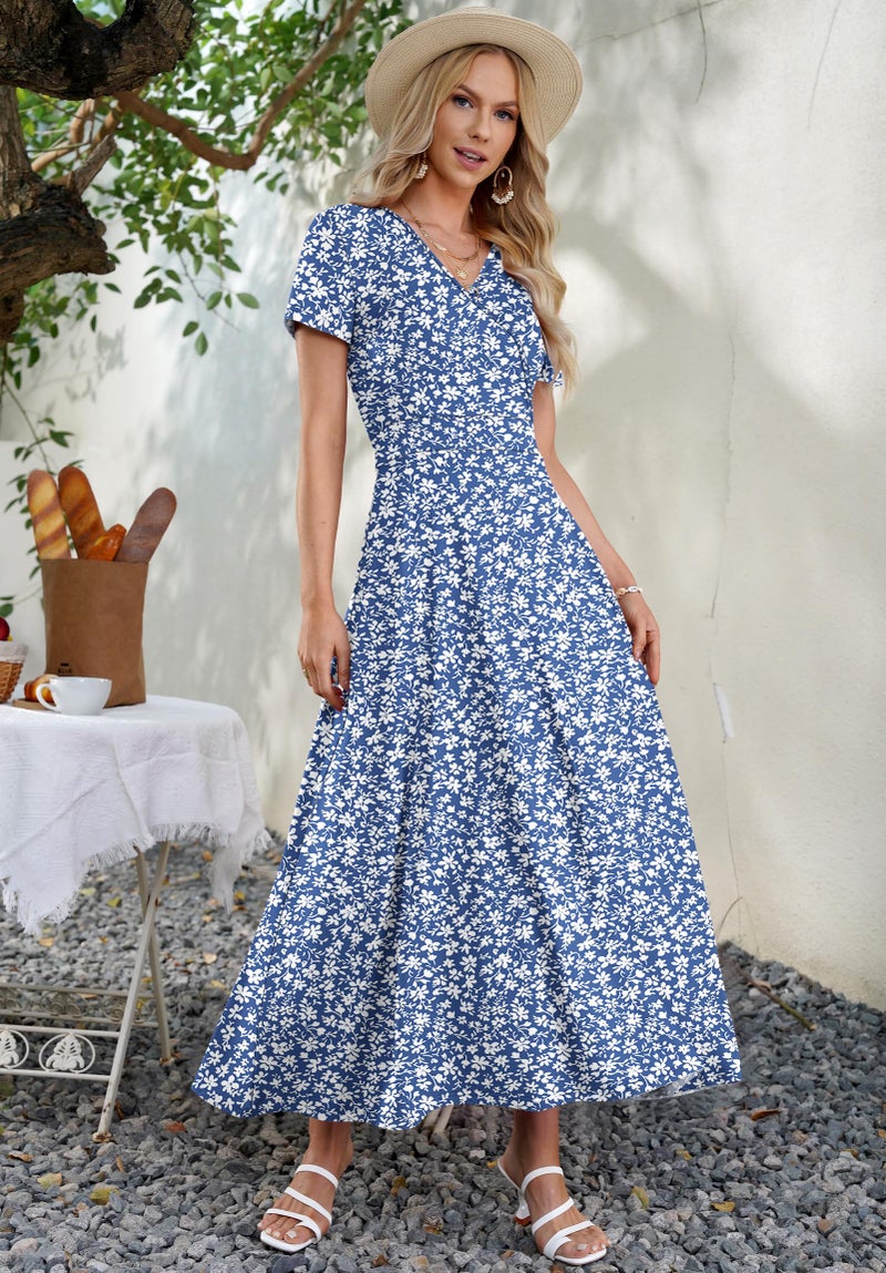 AUSELILY Maxi Dresses for Women Ankle Length Floral Print Beach Long Flowy Dress with Pockets Gray Blue Flower XL - Image 3