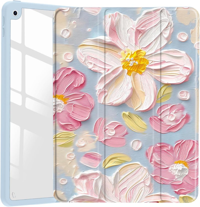 JOYLAND غلاف برسم زهور نسيجية لـ iPad Air مقاس 13 بوصة (M3) 2025/ (M2) 2024، غلاف لوحي صلب خلفي شفاف من الأكريليك مع حامل قلم ووقاية ثلاثية الطيات للفتيات والنساء - Image 1