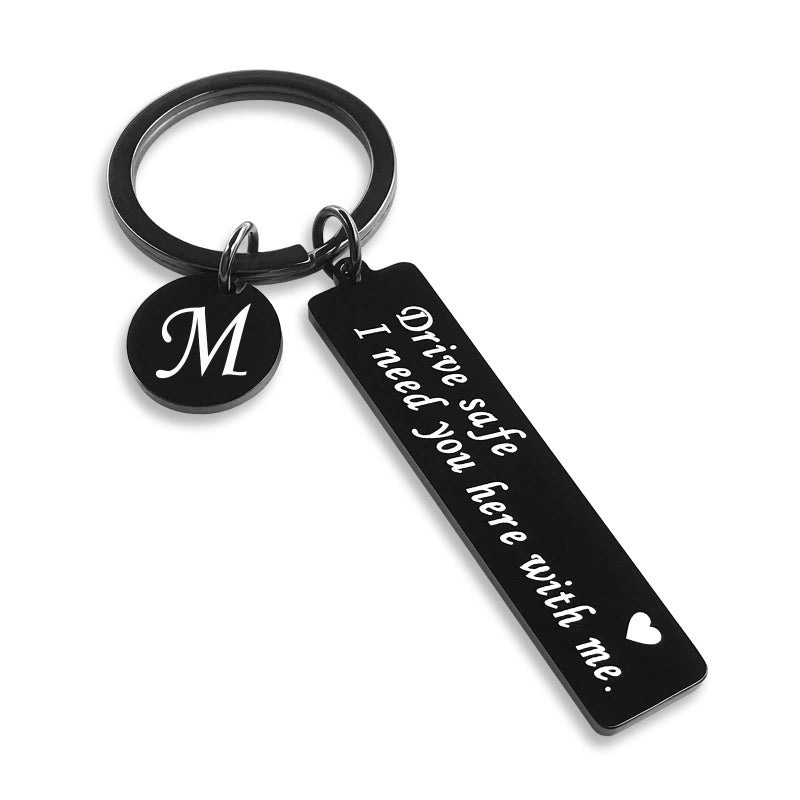 CINDYHE Drive Safe Keychain for Boyfriend Valentines day I Love You Gifts for Him I Need You Here With Me 26 Letters Black Keychain (Black keychain lette M) - Image 1
