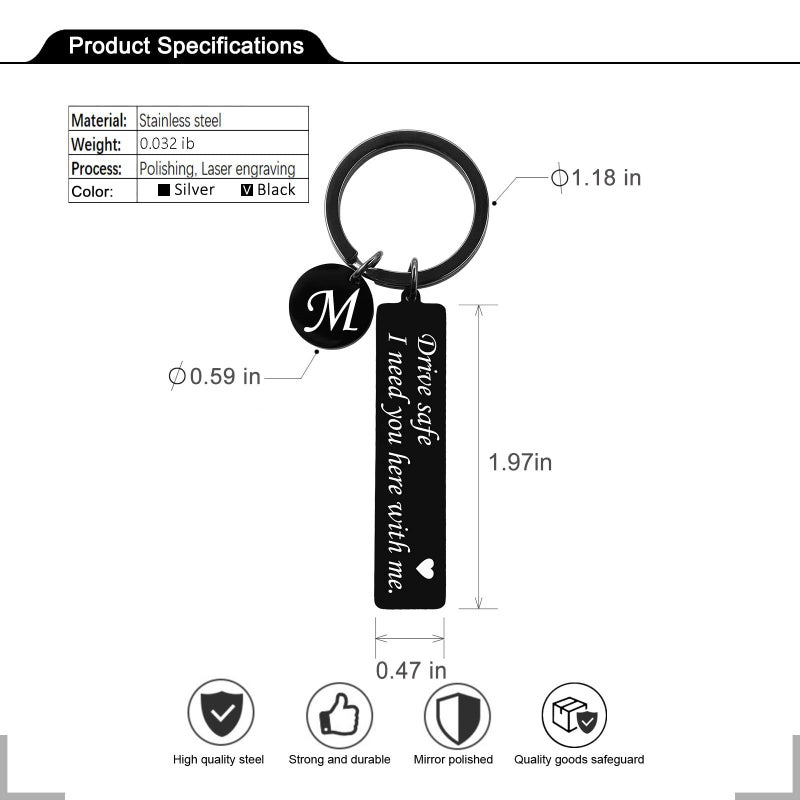 CINDYHE Drive Safe Keychain for Boyfriend Valentines day I Love You Gifts for Him I Need You Here With Me 26 Letters Black Keychain (Black keychain lette M) - Image 2