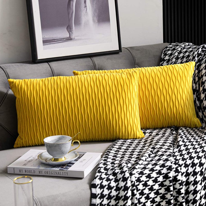DEZENE Mustard Yellow Couch Pillow Covers: 2 Pack 12x20 Inch Original Striped Velvet Rectangular Throw Pillow Cases for Farmhouse Home Decor - Image 1