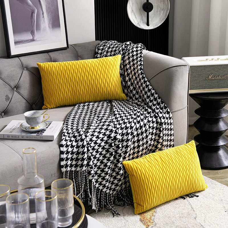 DEZENE Mustard Yellow Couch Pillow Covers: 2 Pack 12x20 Inch Original Striped Velvet Rectangular Throw Pillow Cases for Farmhouse Home Decor - Image 2