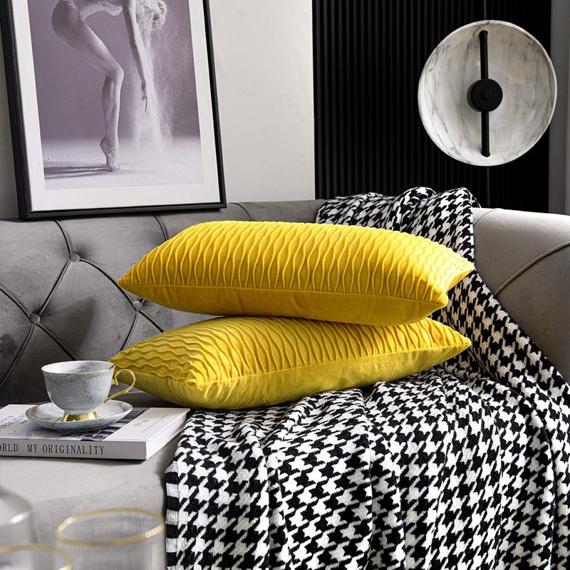 DEZENE Mustard Yellow Couch Pillow Covers: 2 Pack 12x20 Inch Original Striped Velvet Rectangular Throw Pillow Cases for Farmhouse Home Decor - Image 3