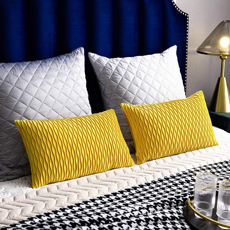 DEZENE Mustard Yellow Couch Pillow Covers: 2 Pack 12x20 Inch Original Striped Velvet Rectangular Throw Pillow Cases for Farmhouse Home Decor - Image 5