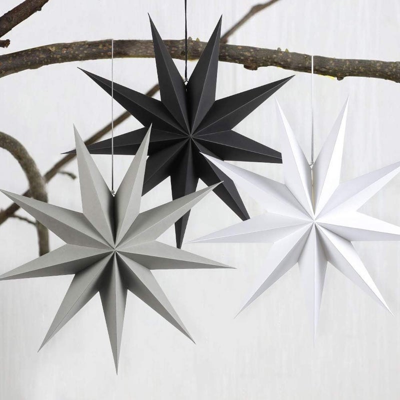 Kiddale 3Pcs 12" Paper Hanging Ornament - Grey, Black, White - Wedding, Christmas, Birthday - 3D Star Decorations for Home Decor & Party Celebration - Image 4
