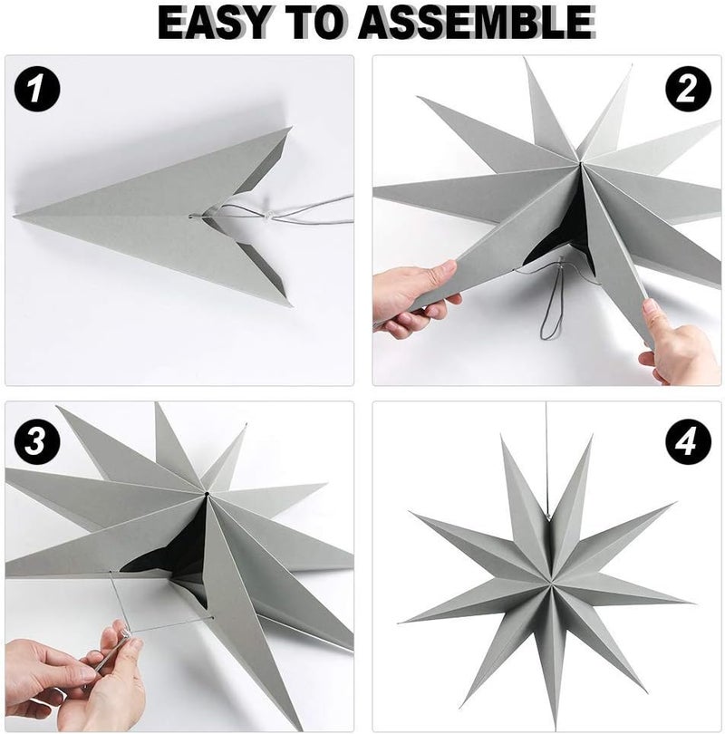 Kiddale 3Pcs 12" Paper Hanging Ornament - Grey, Black, White - Wedding, Christmas, Birthday - 3D Star Decorations for Home Decor & Party Celebration - Image 5