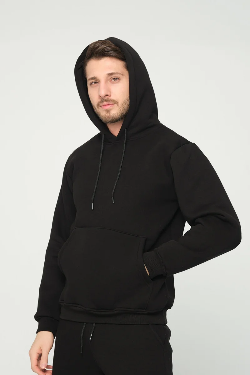 Four Man Black Hooded Sweatshirt 3 Thread Raised (100% Cotton)