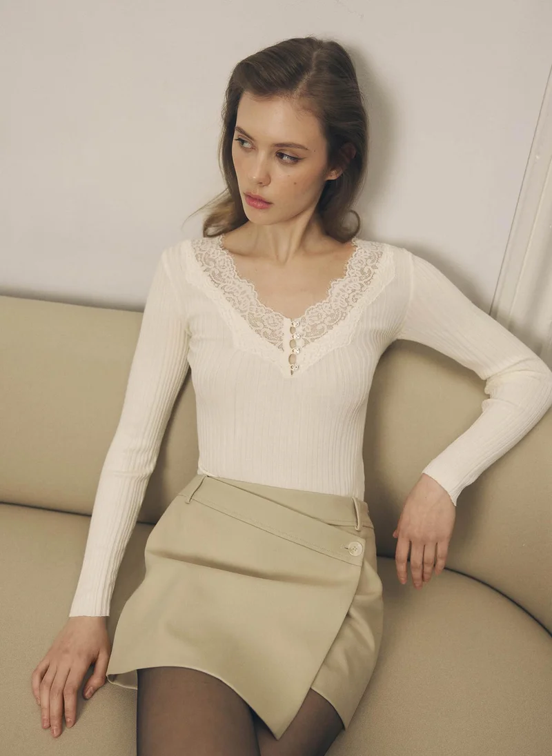 Lichi  Ribbed viscose longsleeve with lace insert at the bodice for Women | Best Price UAE