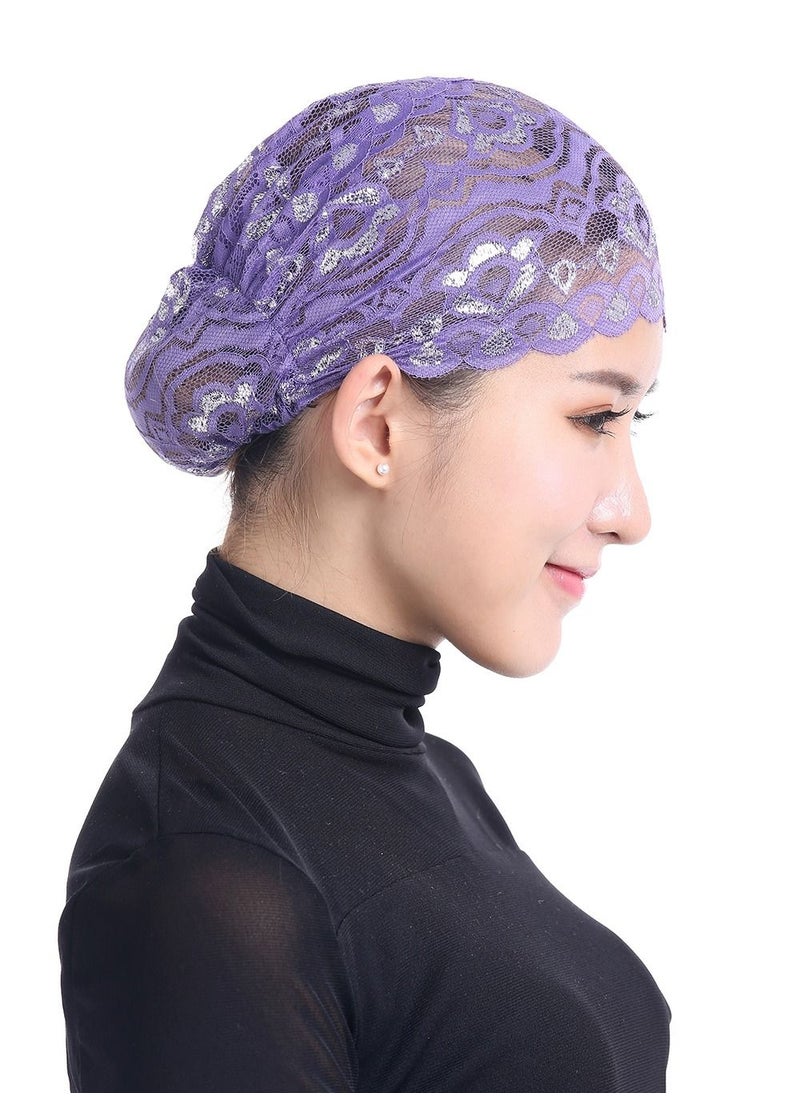 Loquat - Women's Solid Color Shiny Lace Hijab Inner Cap Purple - Image 1