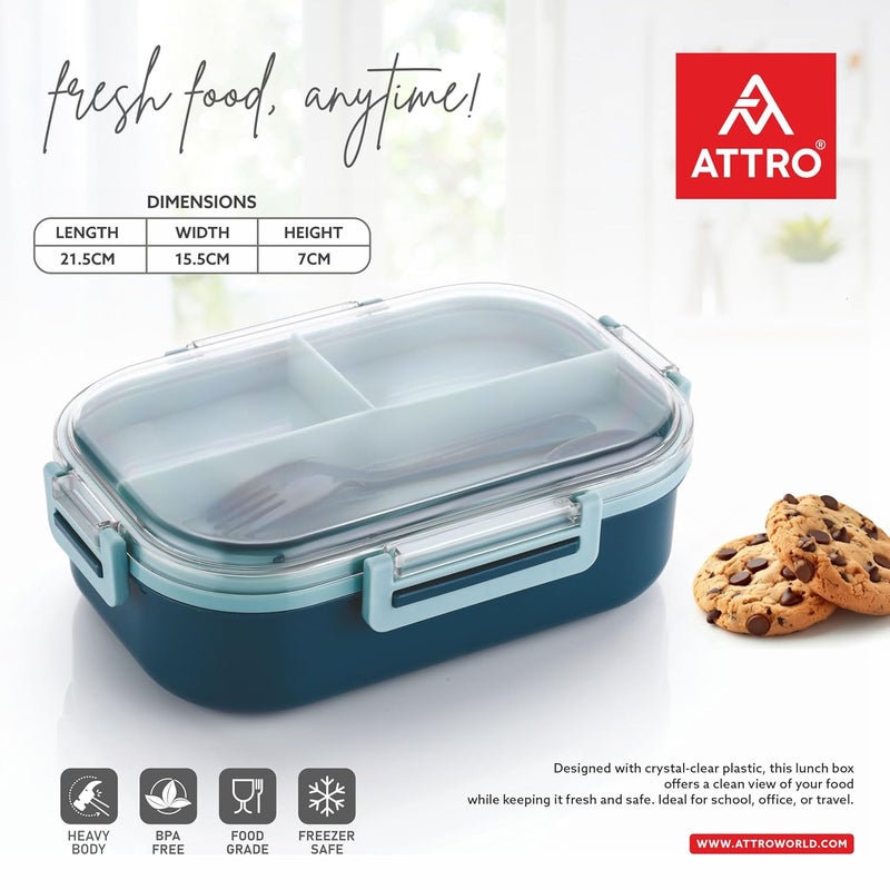 ATTRO صندوق غداء أطفال بلاستيكي Carry Fresh مع 3 أقسام وشوكة، خالي من BPA، آمن للطعام، مثالي للمدرسة، النزهات، السفر والاستخدام الخارجي - أزرق، 500 مل - Image 3