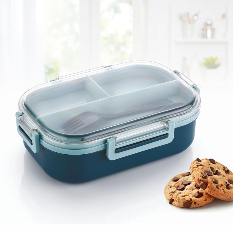 ATTRO صندوق غداء أطفال بلاستيكي Carry Fresh مع 3 أقسام وشوكة، خالي من BPA، آمن للطعام، مثالي للمدرسة، النزهات، السفر والاستخدام الخارجي - أزرق، 500 مل - Image 1