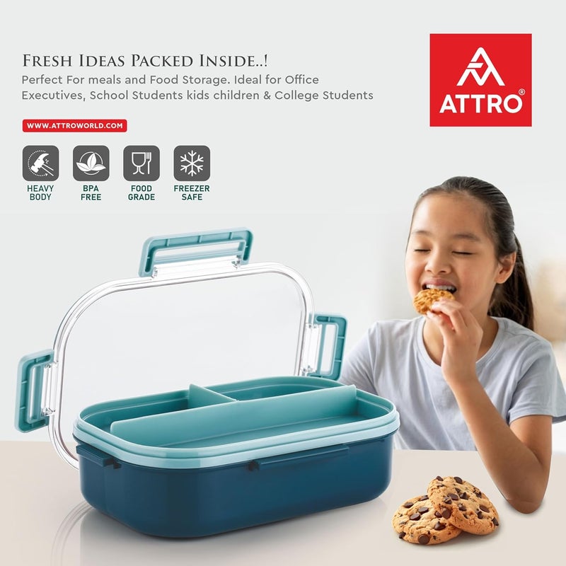 ATTRO صندوق غداء أطفال بلاستيكي Carry Fresh مع 3 أقسام وشوكة، خالي من BPA، آمن للطعام، مثالي للمدرسة، النزهات، السفر والاستخدام الخارجي - أزرق، 500 مل - Image 5