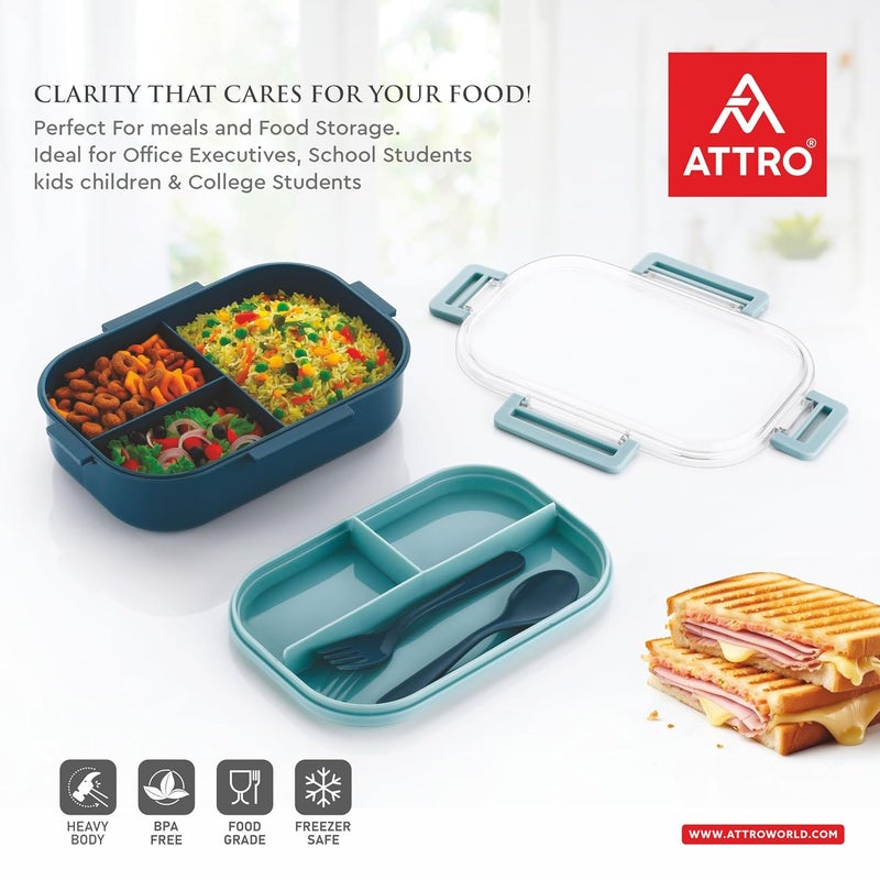 ATTRO صندوق غداء أطفال بلاستيكي Carry Fresh مع 3 أقسام وشوكة، خالي من BPA، آمن للطعام، مثالي للمدرسة، النزهات، السفر والاستخدام الخارجي - أزرق، 500 مل - Image 4