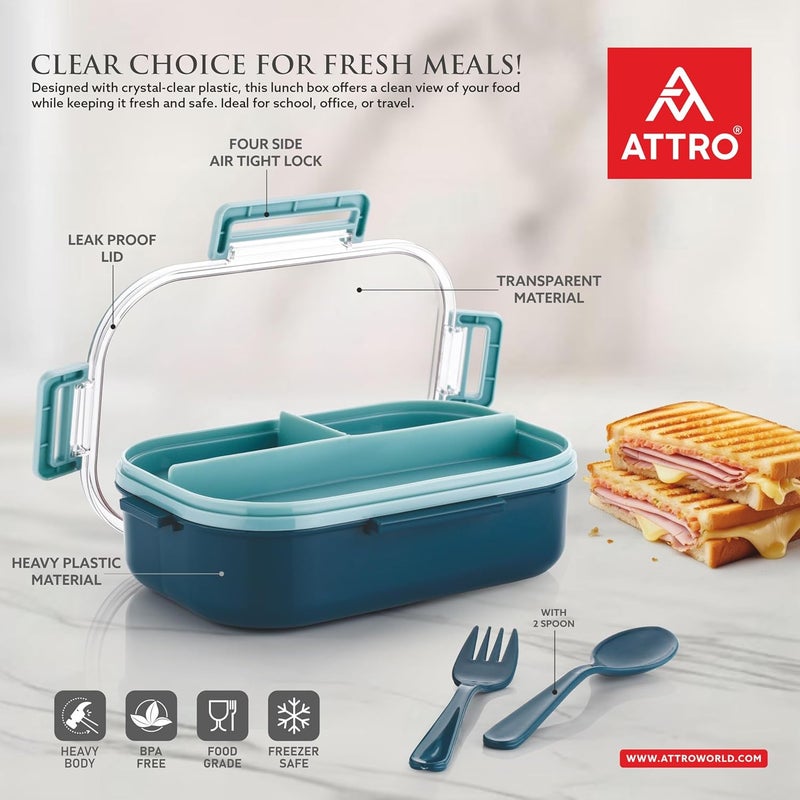 ATTRO صندوق غداء أطفال بلاستيكي Carry Fresh مع 3 أقسام وشوكة، خالي من BPA، آمن للطعام، مثالي للمدرسة، النزهات، السفر والاستخدام الخارجي - أزرق، 500 مل - Image 2