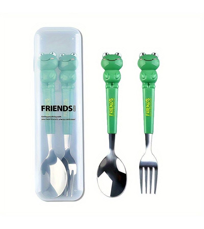 Portable Stainless Steel Cutlery Set Green Frog Spoon And Fork With Reusable Storage Case For Home School Picnic - Image 1