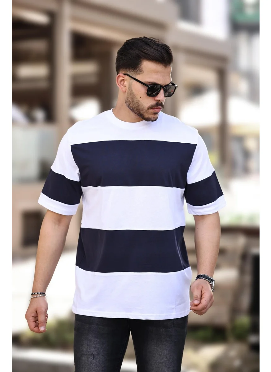 ميرون Two Color Short Sleeve T-Shirt Oversize - Navy Blue White - 2421