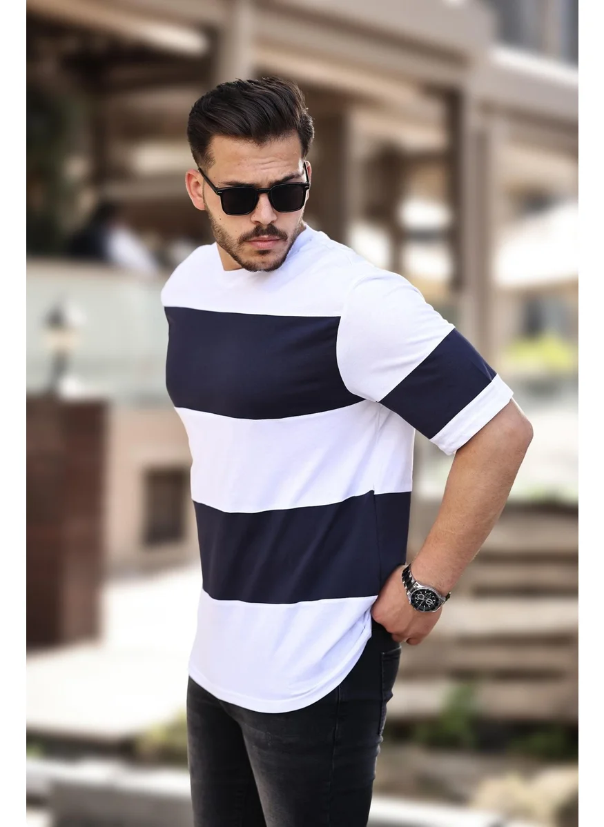 ميرون Two Color Short Sleeve T-Shirt Oversize - Navy Blue White - 2421