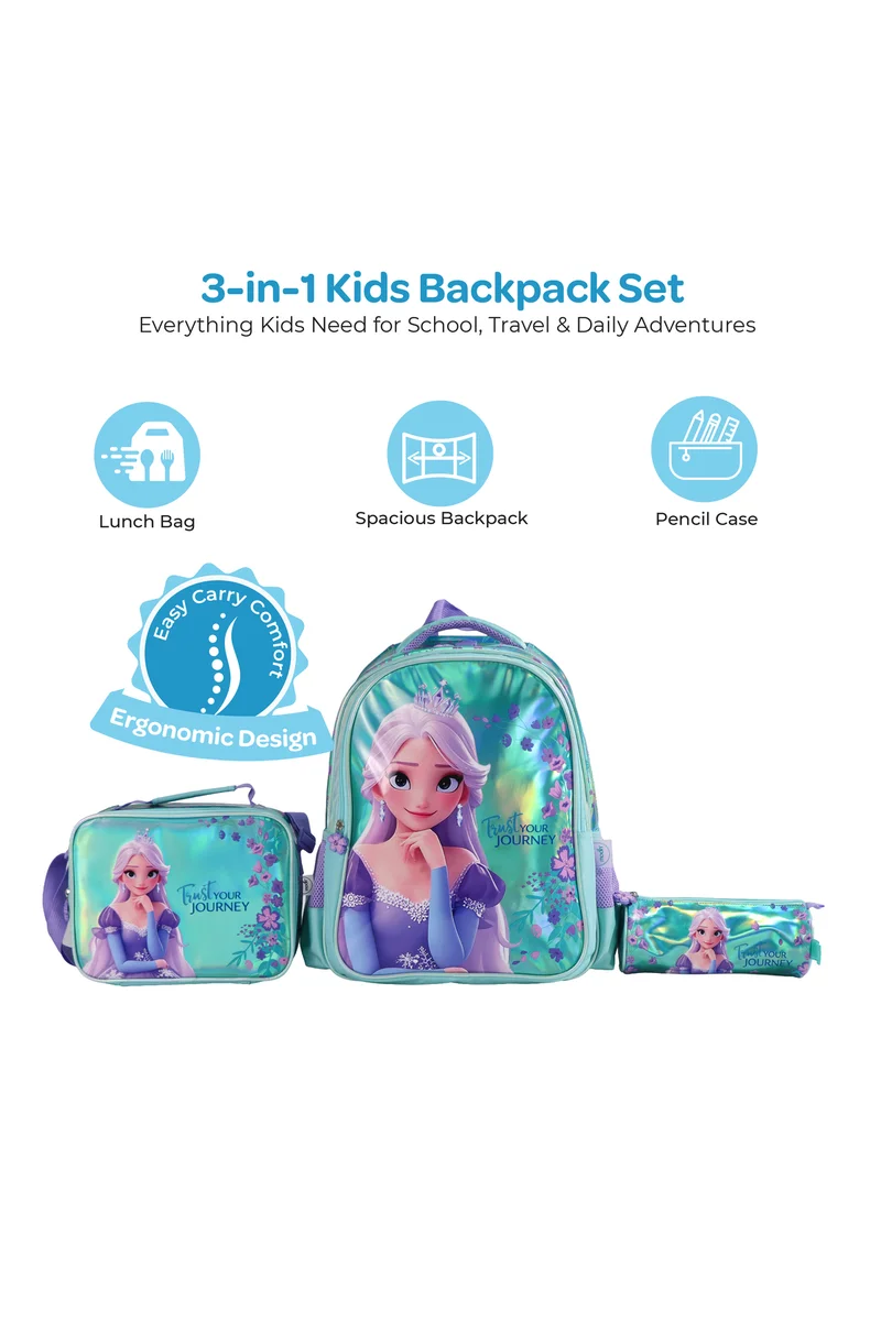 مون MOON Elsa  3 in 1 Kids Backpack Set   - (16-Inch) Premium Kids School Bag with Lunch Bag & Pencil Case-