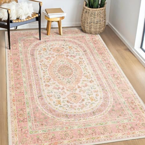 Castage Pink Rug 3x5,Boho Washable Area Rugs for Bedroom Living Room Kitchen Entryway,Small Vintage Distressed Farmhouse Non Slip Carpet,Blush Floral - Image 1
