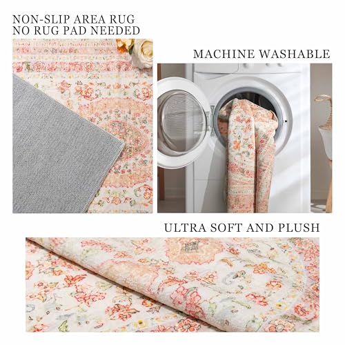 Castage Pink Rug 3x5,Boho Washable Area Rugs for Bedroom Living Room Kitchen Entryway,Small Vintage Distressed Farmhouse Non Slip Carpet,Blush Floral - Image 5