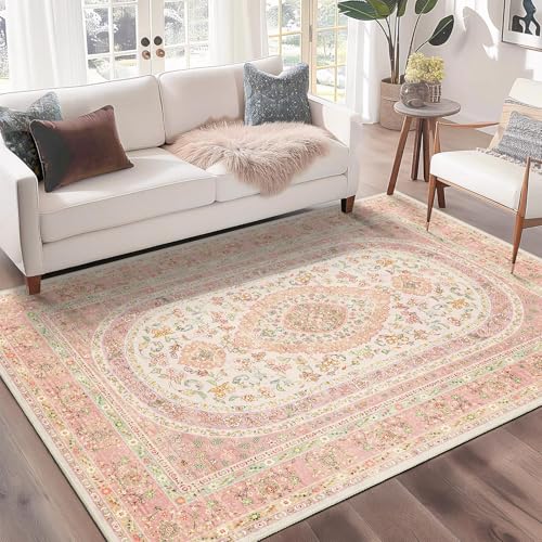 Castage Pink Rug 3x5,Boho Washable Area Rugs for Bedroom Living Room Kitchen Entryway,Small Vintage Distressed Farmhouse Non Slip Carpet,Blush Floral - Image 2