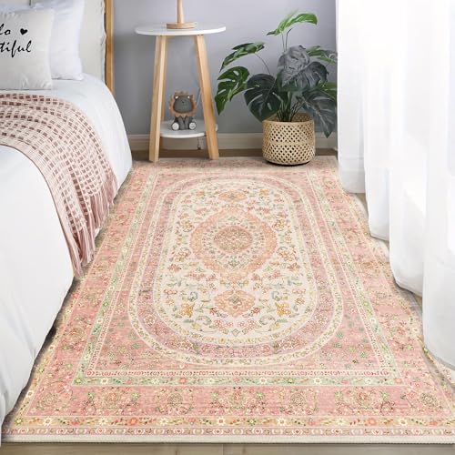 Castage Pink Rug 3x5,Boho Washable Area Rugs for Bedroom Living Room Kitchen Entryway,Small Vintage Distressed Farmhouse Non Slip Carpet,Blush Floral - Image 3