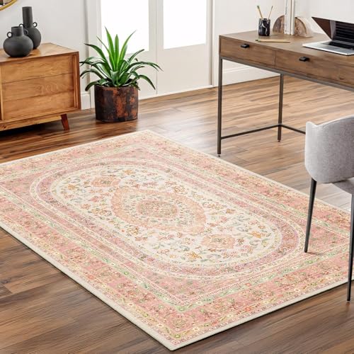 Castage Pink Rug 3x5,Boho Washable Area Rugs for Bedroom Living Room Kitchen Entryway,Small Vintage Distressed Farmhouse Non Slip Carpet,Blush Floral - Image 4