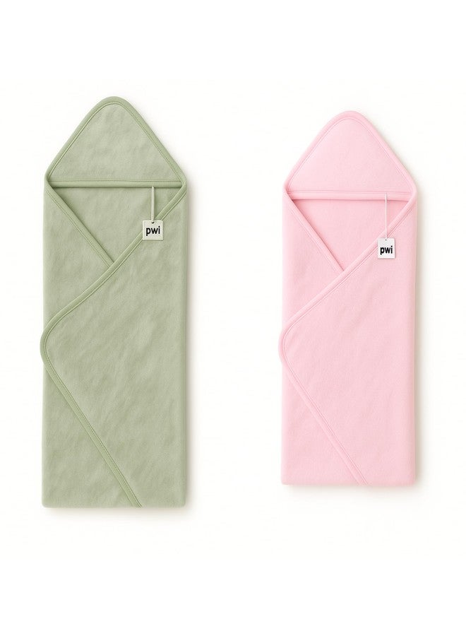 PWI Ultra Soft Baby Wrapper for 0-6 Months | Hooded Blanket | Lightweight & Breathable | Super Cozy Cloudy Fabric | 30x30 Inch (Green-Pink) Pack of 2 - Image 1