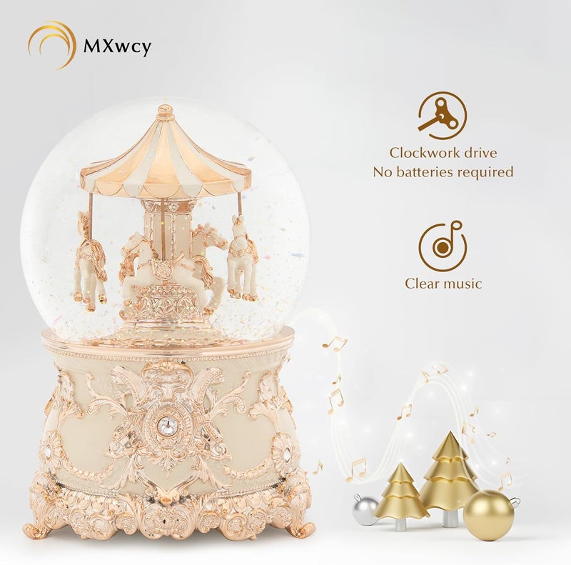 MXwcy Carousel Horse Music Box Rose Gold White Christmas Snow Globes Lantern Whirling Snow Globe Gift for Girls Women Mom Christmas Birthday Day Home Decoration - Image 4