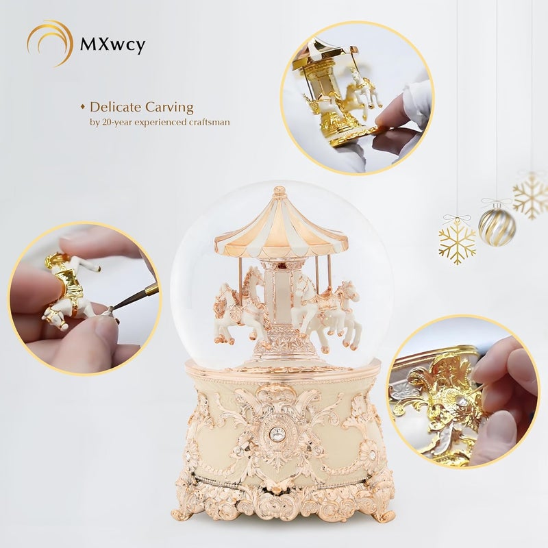 MXwcy Carousel Horse Music Box Rose Gold White Christmas Snow Globes Lantern Whirling Snow Globe Gift for Girls Women Mom Christmas Birthday Day Home Decoration - Image 5