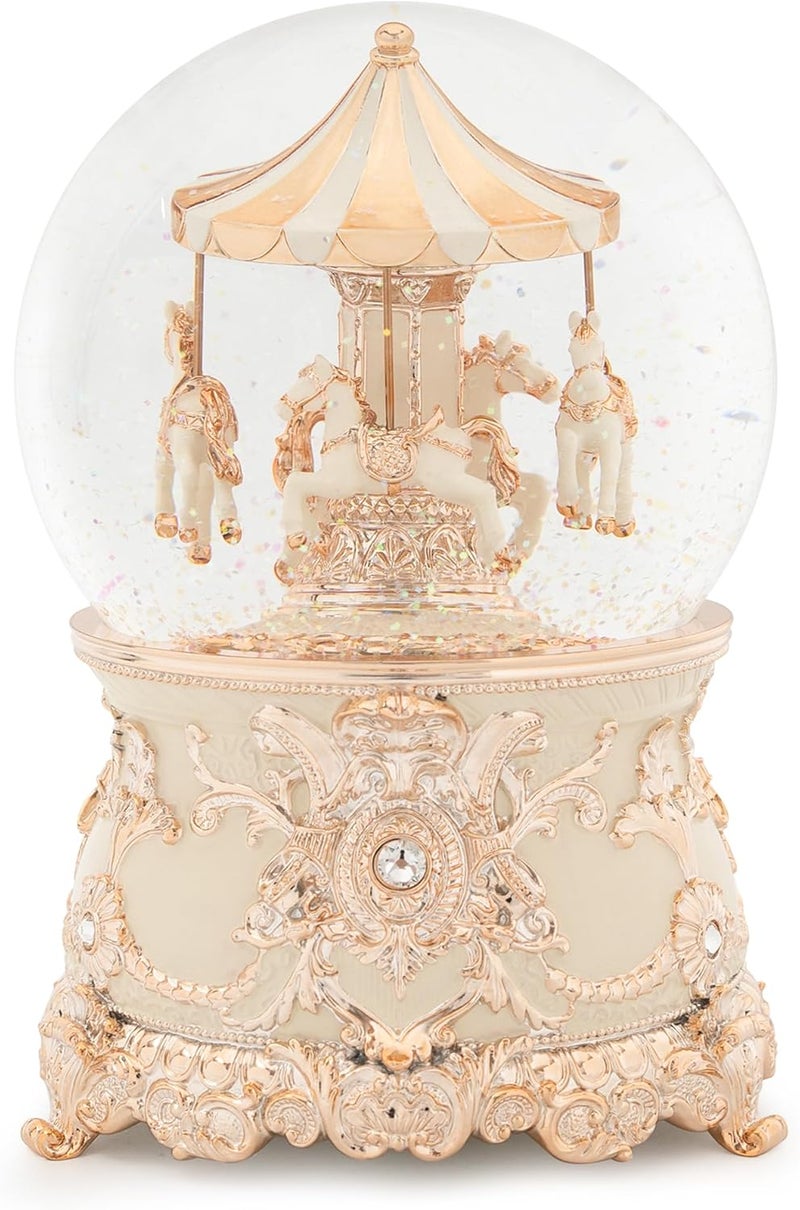 MXwcy Carousel Horse Music Box Rose Gold White Christmas Snow Globes Lantern Whirling Snow Globe Gift for Girls Women Mom Christmas Birthday Day Home Decoration - Image 1