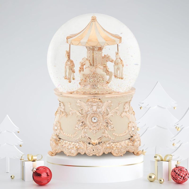MXwcy Carousel Horse Music Box Rose Gold White Christmas Snow Globes Lantern Whirling Snow Globe Gift for Girls Women Mom Christmas Birthday Day Home Decoration - Image 2