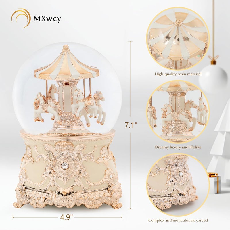 MXwcy Carousel Horse Music Box Rose Gold White Christmas Snow Globes Lantern Whirling Snow Globe Gift for Girls Women Mom Christmas Birthday Day Home Decoration - Image 3