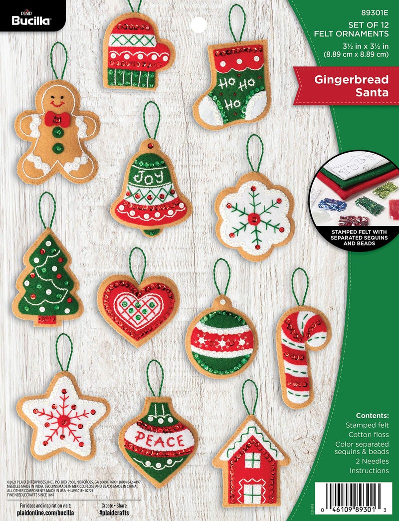 Bucilla Bucilla Felt Applique 12 Piece Ornament Making Kit Gingerbread Santa Perfect for DIY Arts and Crafts 89301E 