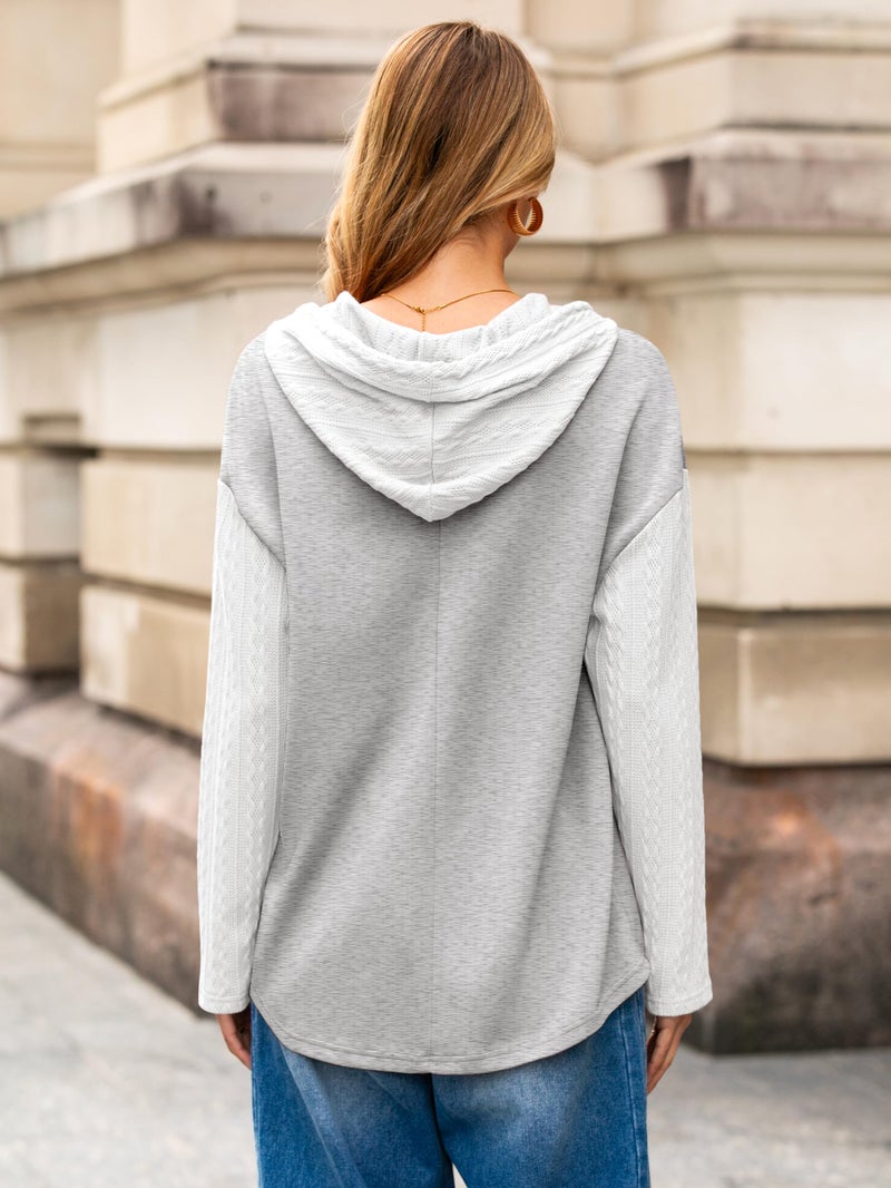 Glamaker Women's Oversized Button Down Cable Knit Hoodies Long Sleeve Patch Work Spliced Pullover Hooded Sweatshirts Light Grey M - Image 5