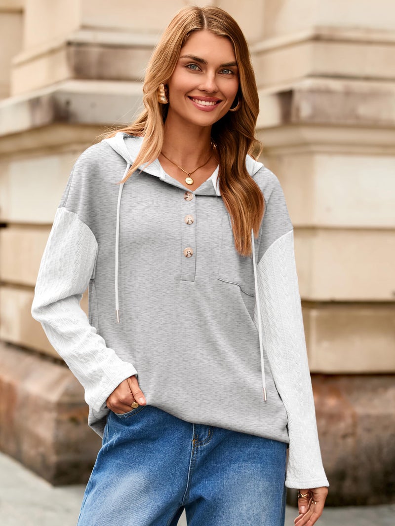 Glamaker Women's Oversized Button Down Cable Knit Hoodies Long Sleeve Patch Work Spliced Pullover Hooded Sweatshirts Light Grey M - Image 2