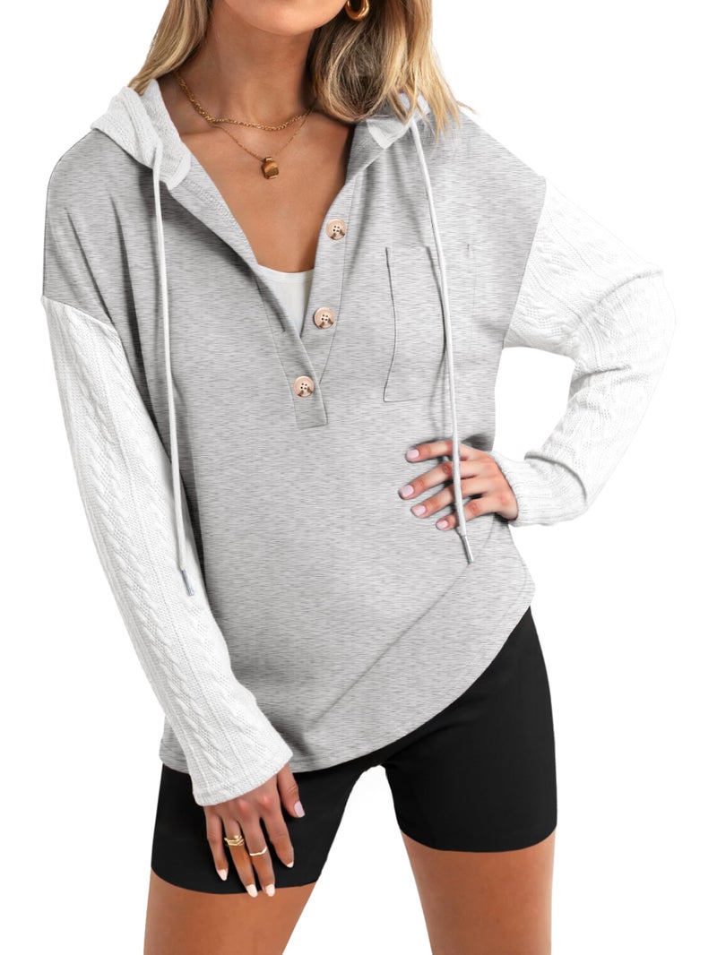 Glamaker Women's Oversized Button Down Cable Knit Hoodies Long Sleeve Patch Work Spliced Pullover Hooded Sweatshirts Light Grey M - Image 1