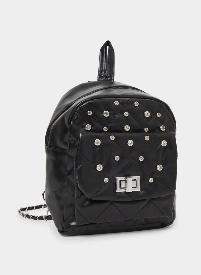 Styli Black Embellished Mini Backpack with Chain Straps - Image 1