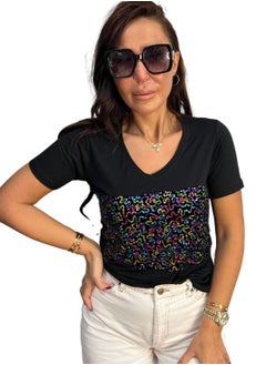 VENTIUP Women's V-Neck T-Shirts Short Sleeve Black / Shiny Details  - Image 3