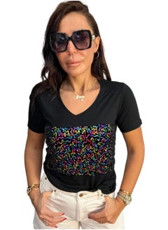 VENTIUP Women's V-Neck T-Shirts Short Sleeve Black / Shiny Details  - Image 4