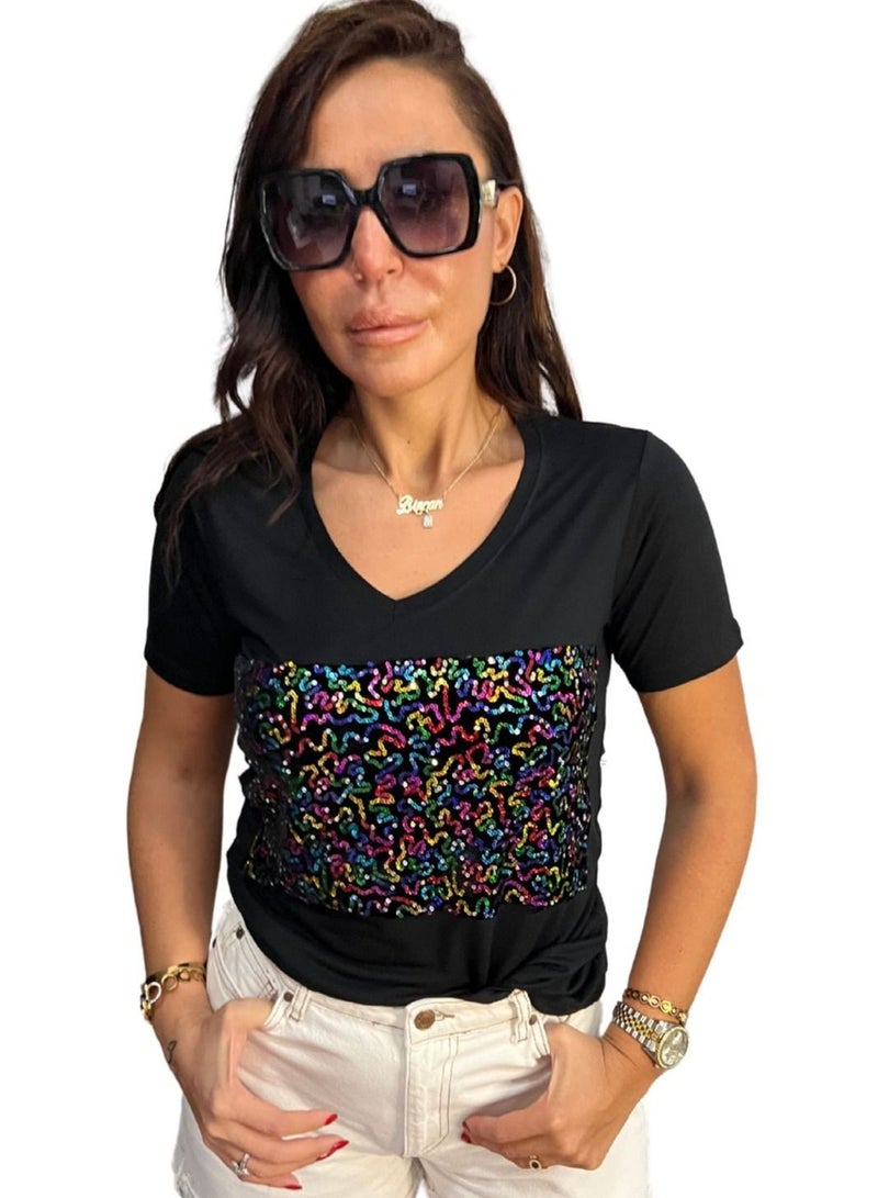 VENTIUP Women's V-Neck T-Shirts Short Sleeve Black / Shiny Details  - Image 4