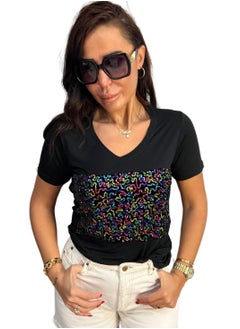 VENTIUP Women's V-Neck T-Shirts Short Sleeve Black / Shiny Details  - Image 5