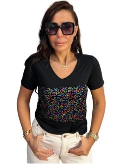VENTIUP Women's V-Neck T-Shirts Short Sleeve Black / Shiny Details  - Image 1