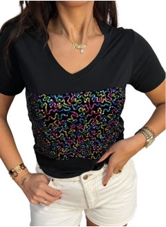 VENTIUP Women's V-Neck T-Shirts Short Sleeve Black / Shiny Details  - Image 2